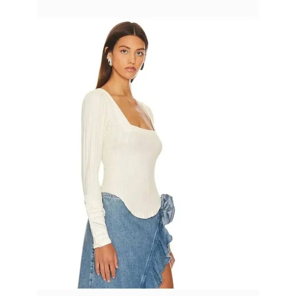 Free People Could I Love You More Ivory Ribbed Lace Cuff Top Small